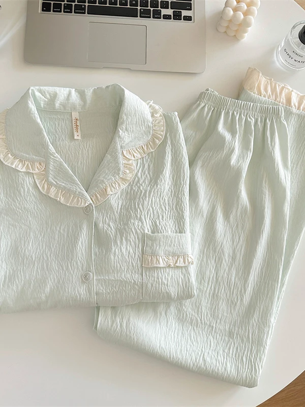 Blue Long Sleeve Sleepwear Women's Style Sweet Home Clothes Set Can Be Worn outside Spring Autumn Season Popular Internet Cel...