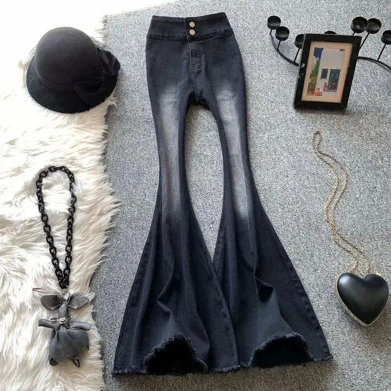 American black loudspeaker jeans women's autumn high-waisted slim stretch small man slimming fishtail mop trousers