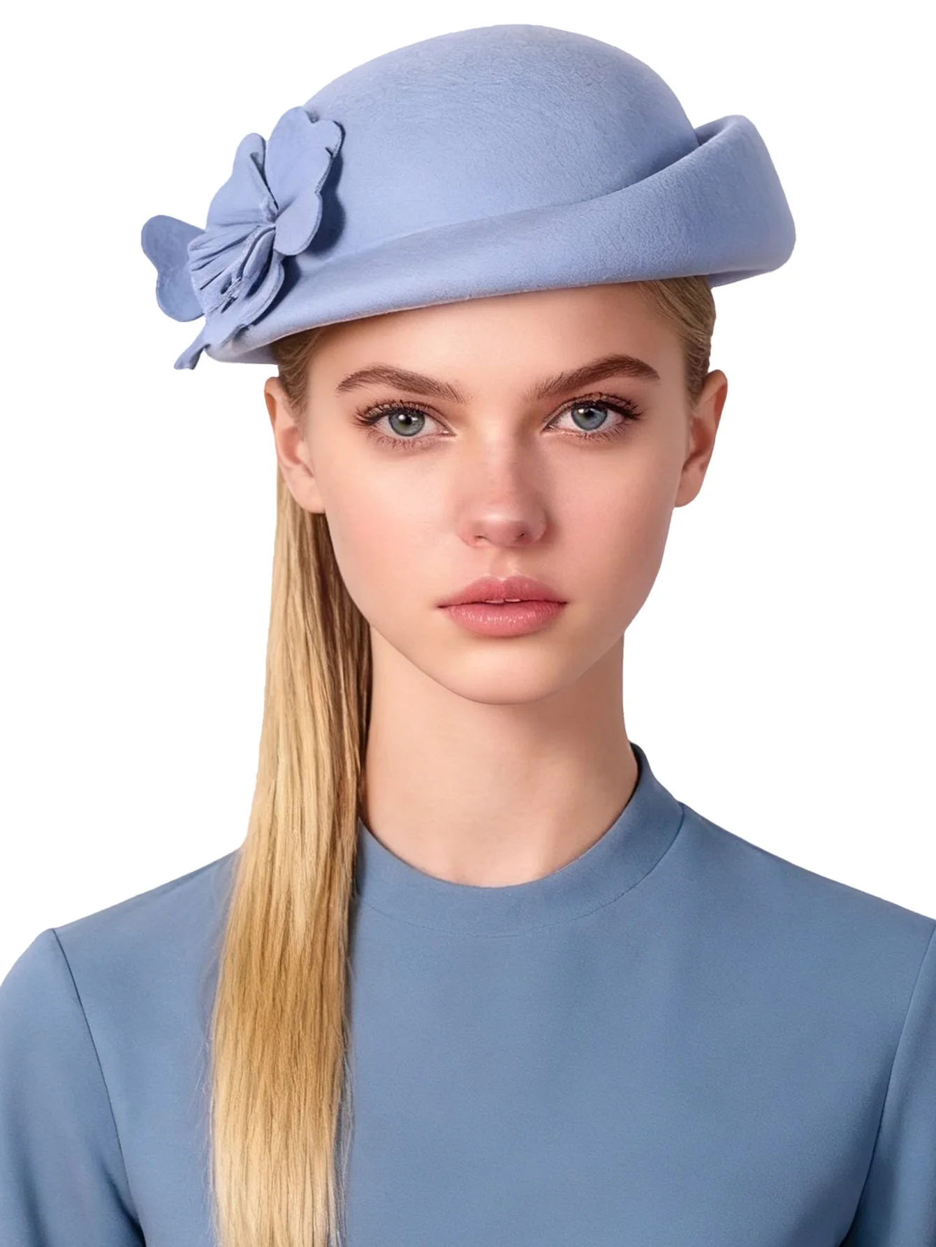 FS Niebieski Fioletowy Wełniany Francuski Beret Szerokie Rondo Kapelusze Fedora Dla Kobiet Eleganckie Kapelusze Kościelne Duży Kwiat Damski Ślubny Kapelusz Tea Party Ken — zdjęcie 3