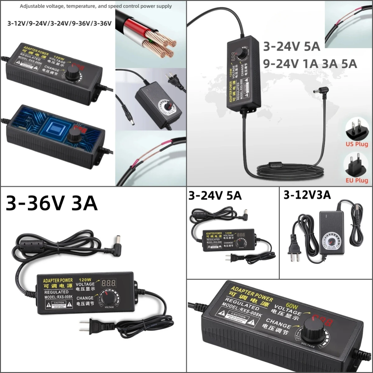 

AC To DC5V-24V5A Adjustable Power Adapter 3-36V 3A 60W 120W Universal Adapter with Display Voltage Regulated Power Dimmer Switch