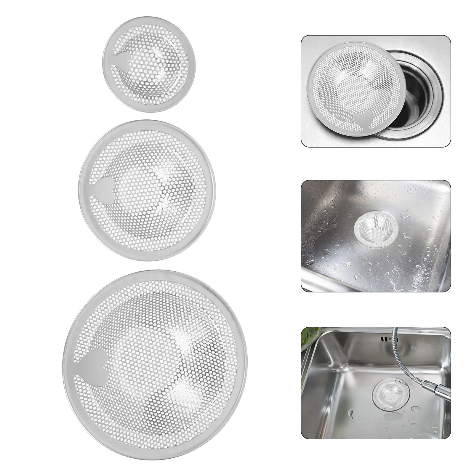 

Набор из 3 многоразовых фильтров-сеток для кухонной раковины из нержавеющей стали с ручкой-подъемником в форме сердца, предотвращающий засоры, можно мыть в посудомоечной машине