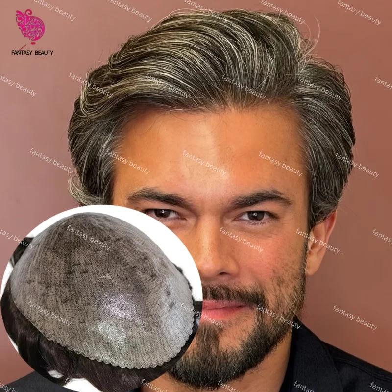

Мужской протез для волос 0,1 мм, тонкая кожа, полный полиуретан, мужской парик, 100% настоящие человеческие волосы 1b40 1b50 1b65 Черный, серый протез, мужские парики