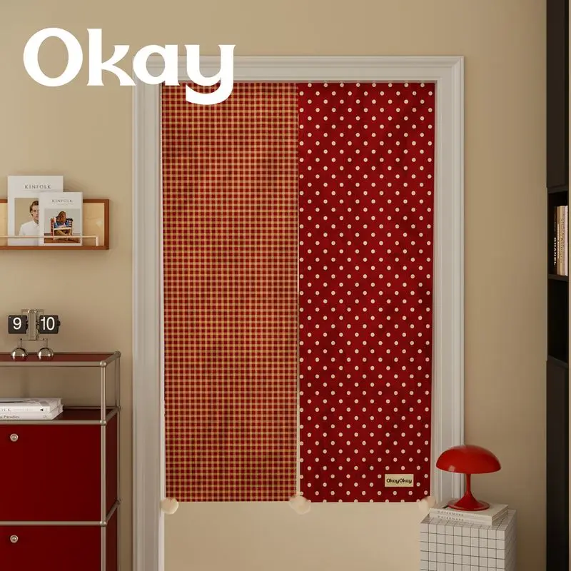 VIKAMA Plaid Spliced Polka Dot Noren Split Door Curtain Room Divider Privacy Curtain for Dorm Entryway Vintage Home Decor