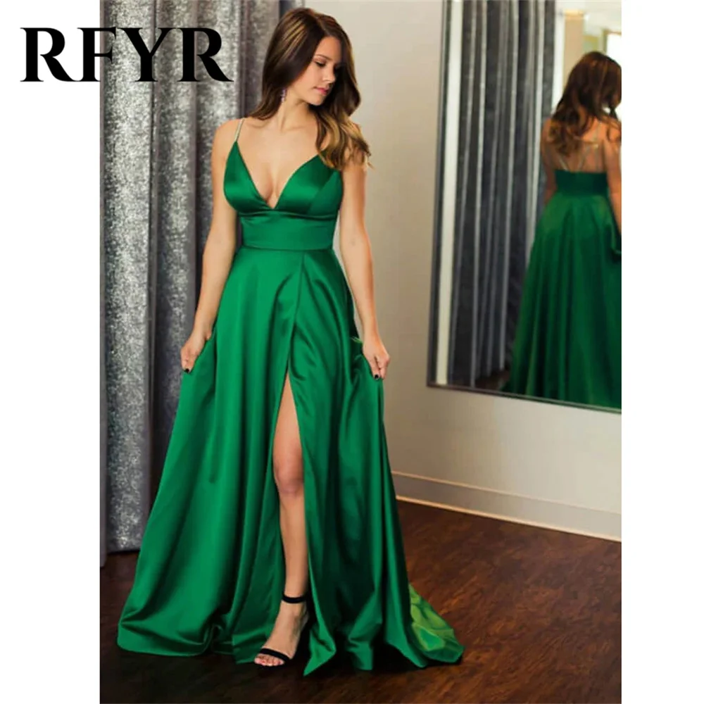 

RFYR Green Prom Dress V-Neck A-Line Sleeveless Evening Dress Spaghetti Straps Beading Party Dress Sexy Side Split Robe De Soirée