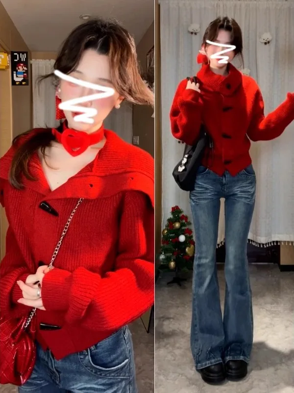 

plus Size Women's Red Knitted Cardigan Long Sve Slim Fit Lazy Sle Button up Sweater Coat Korean Version Commute Sle