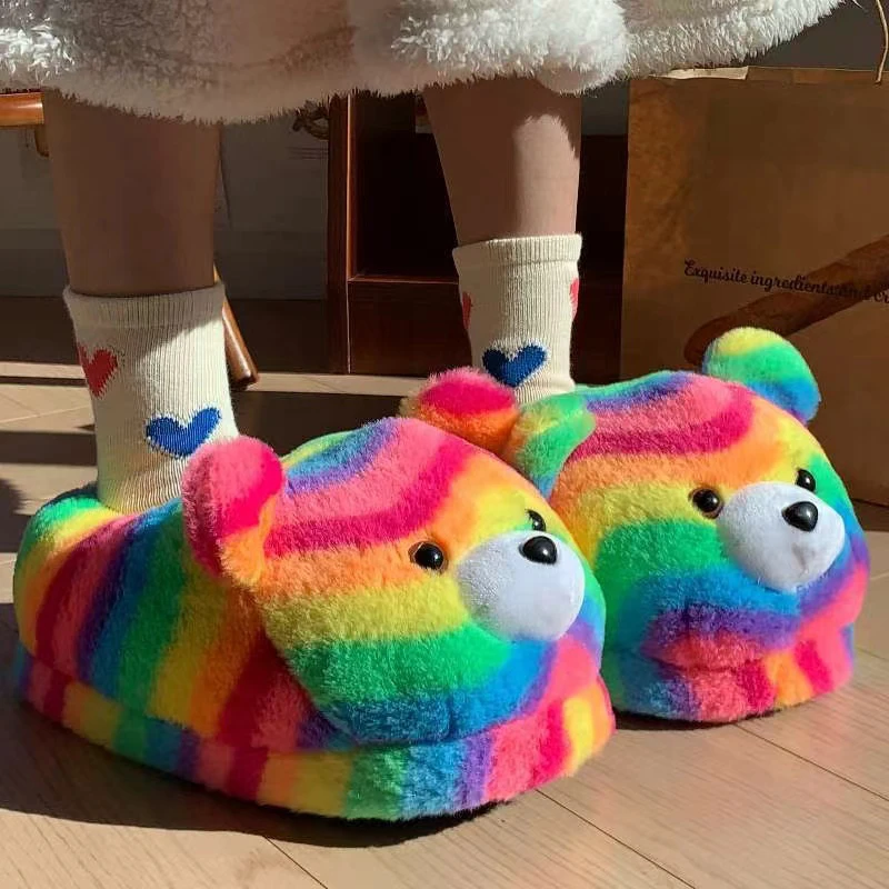 

2024 Women's Home Slippers Sweet Fluffy Rainbow Bear Lady slippers indoor Anti slip lightweight keep warm Winter House Shoes 44