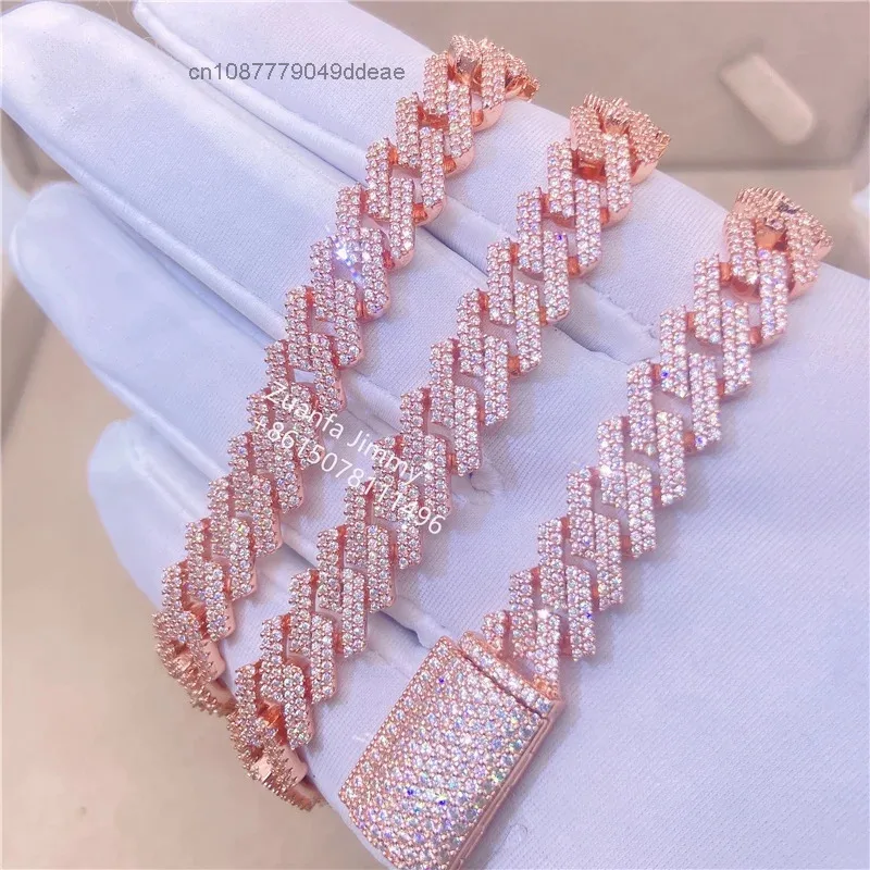 Diamond Pass Tester in Stock Iced Out Two Row Stone Rose Gold 10mm VVS Moissanite Cuban Chain Necklace..