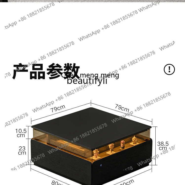 S7486 ss Light Luxury Furniture Square Stone Plate Coffee Table Lighting Atmosphere Solid Wood with Pumping Black Modern Minimal