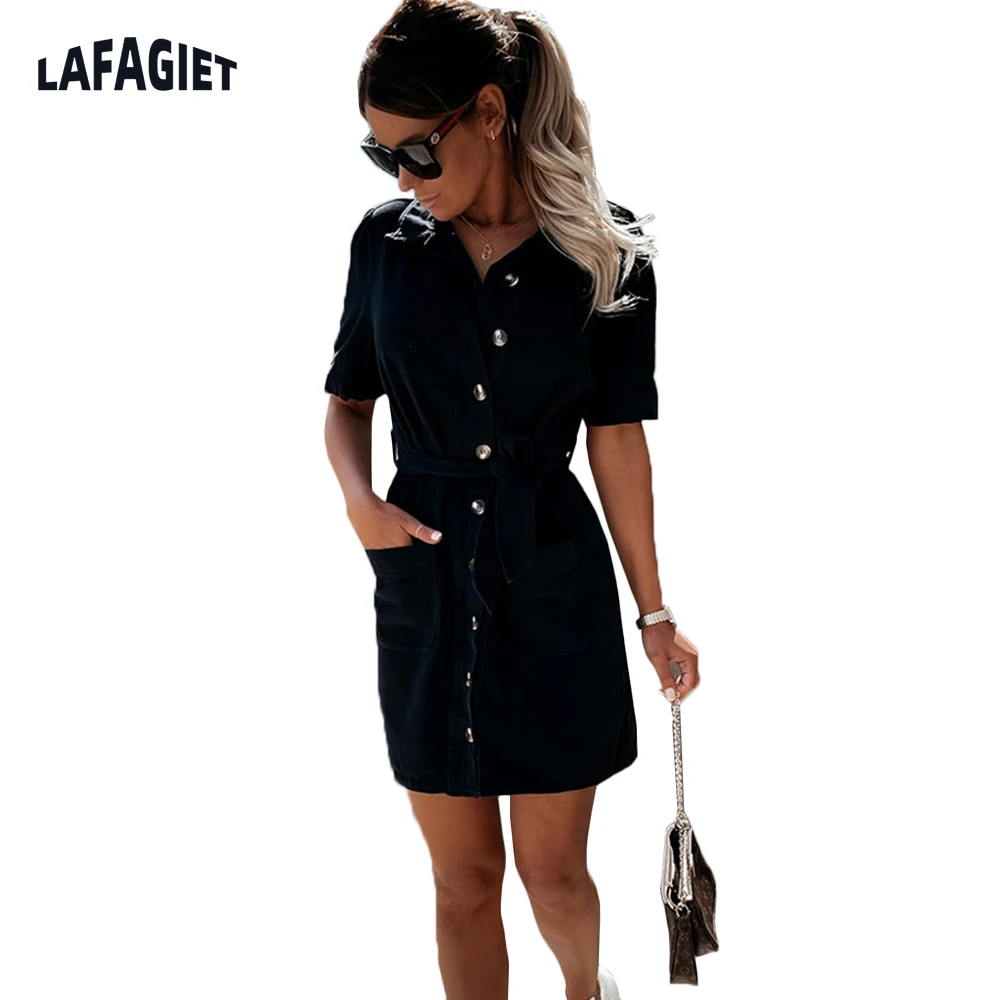 Summer Women Dress Office Lady Single Breasted Short Sleeve Dress Causal Loose Slim Fit High Pocket Streetwear Sexy Female Dress