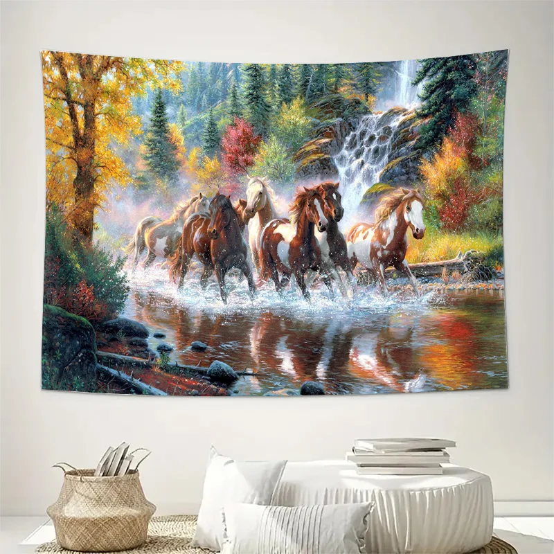 Tapiz con estampado de caballos corriendo en un bosque otoñal con cascada, lavable a máquina, decoración para todas las estaciones, fácil de limpiar.