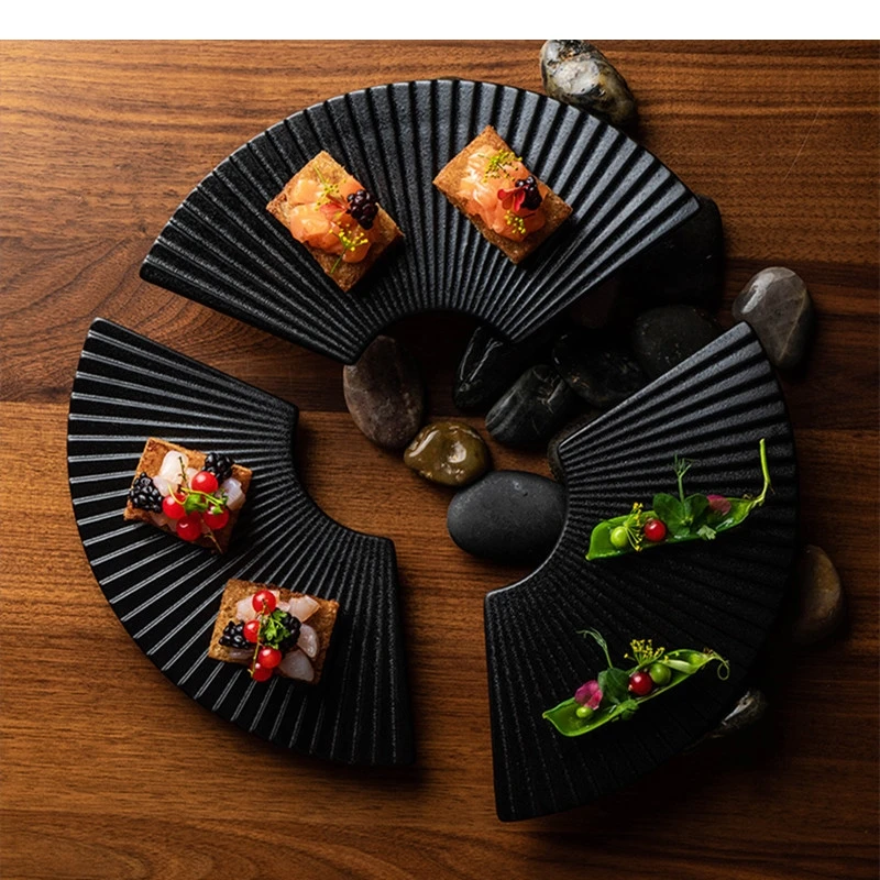 

Полосатая тарелка в форме веера, ресторан, суши, послеобеденный чай, торт, десерт, домашний завтрак, керамическая посуда