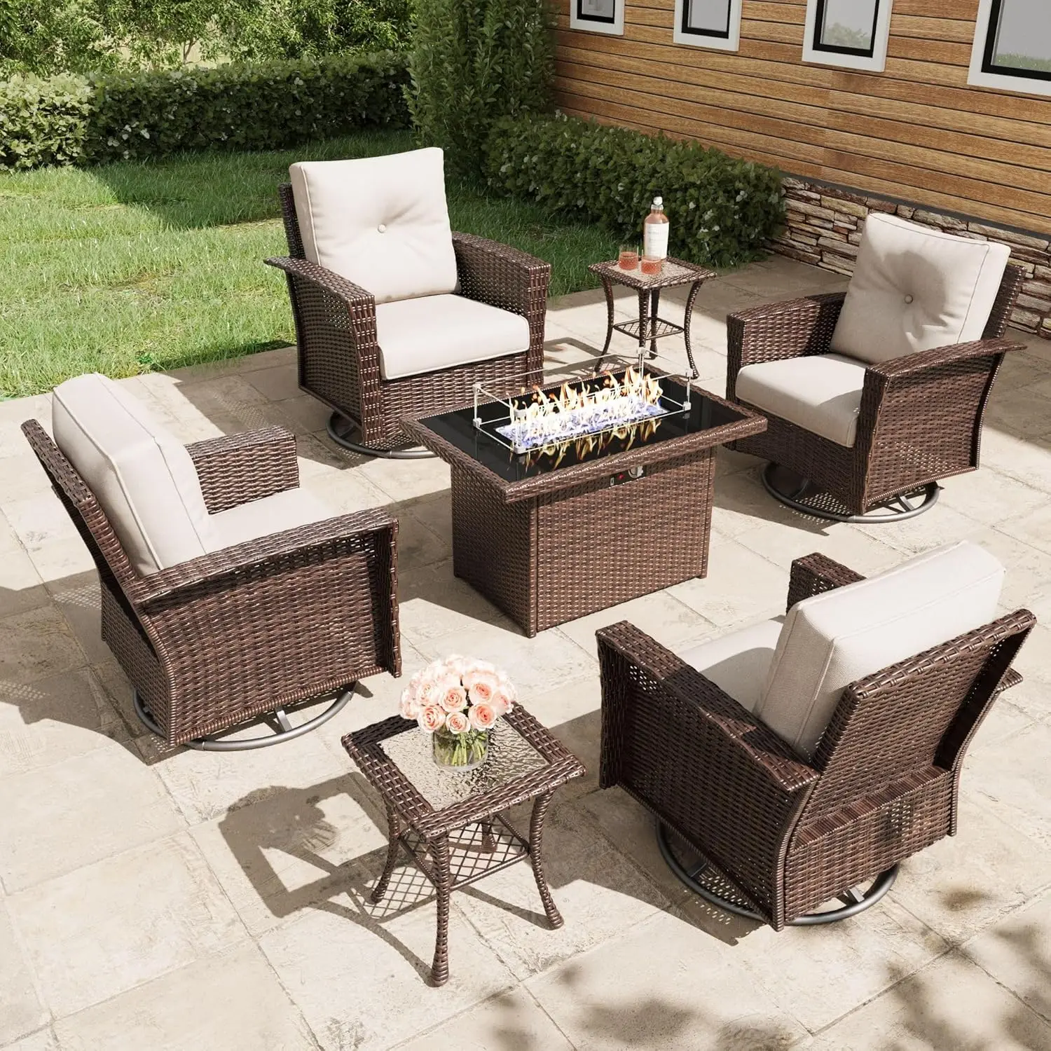 

LayinSun 7 Piece Wicker Patio Furniture Set with Fire Pit Table, Classis Outdoor Conversation 360 Degree Swivel Chairs Set with