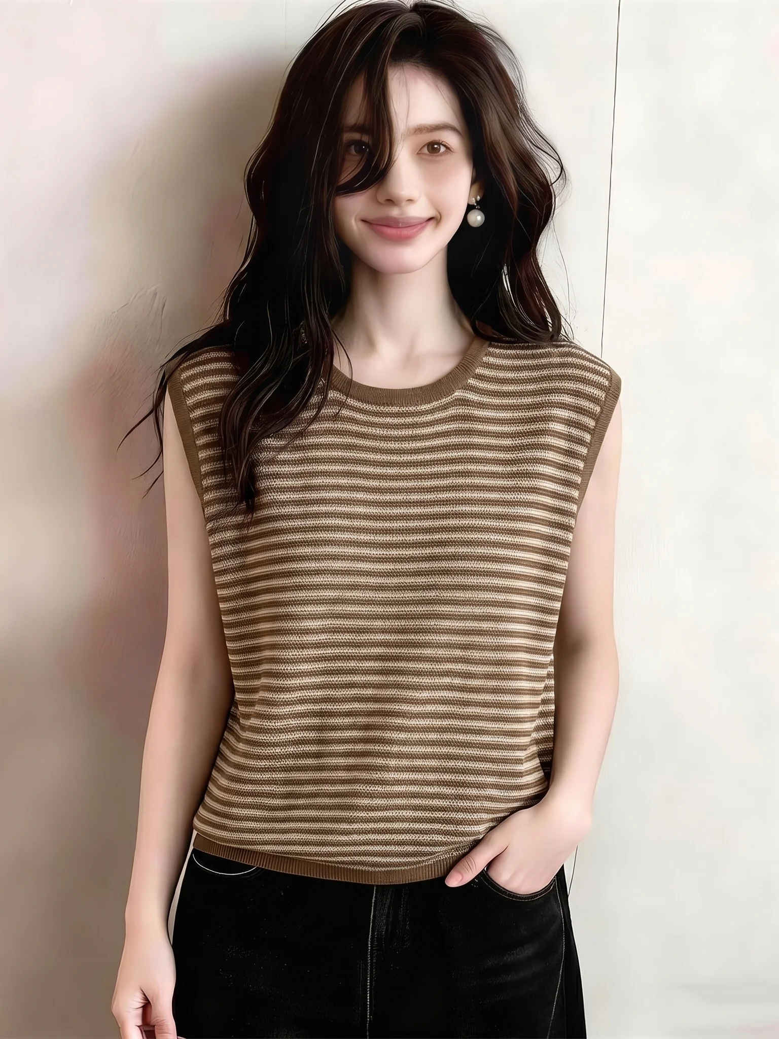 

Retro Stylish round Neck Sleeveless Versatile Small Shirt Summer Anti Aging Super Beautiful Striped Knitted Vest Top Women