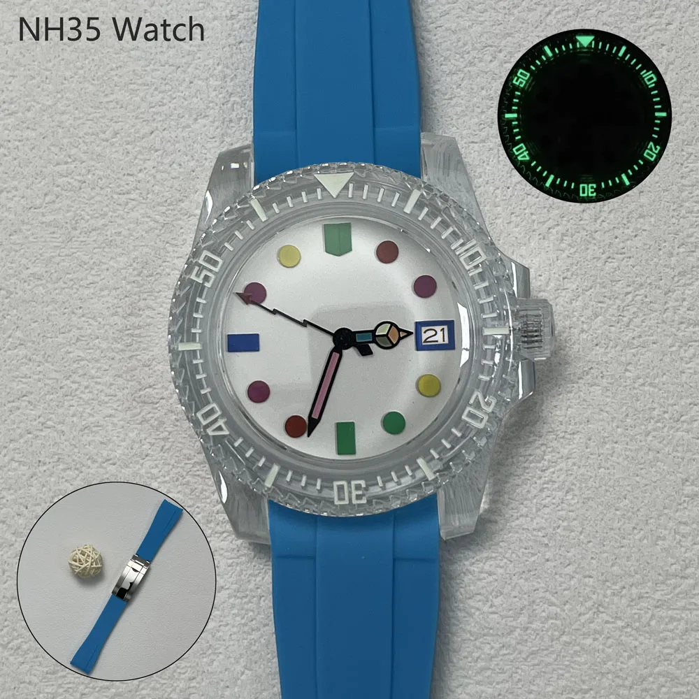 40.5 มม.แฟชั่นผู้ชาย NH35 นาฬิกาอะคริลิคส่องสว่างสีสายยางและญี่ปุ่น NH35 อัตโนมัติ