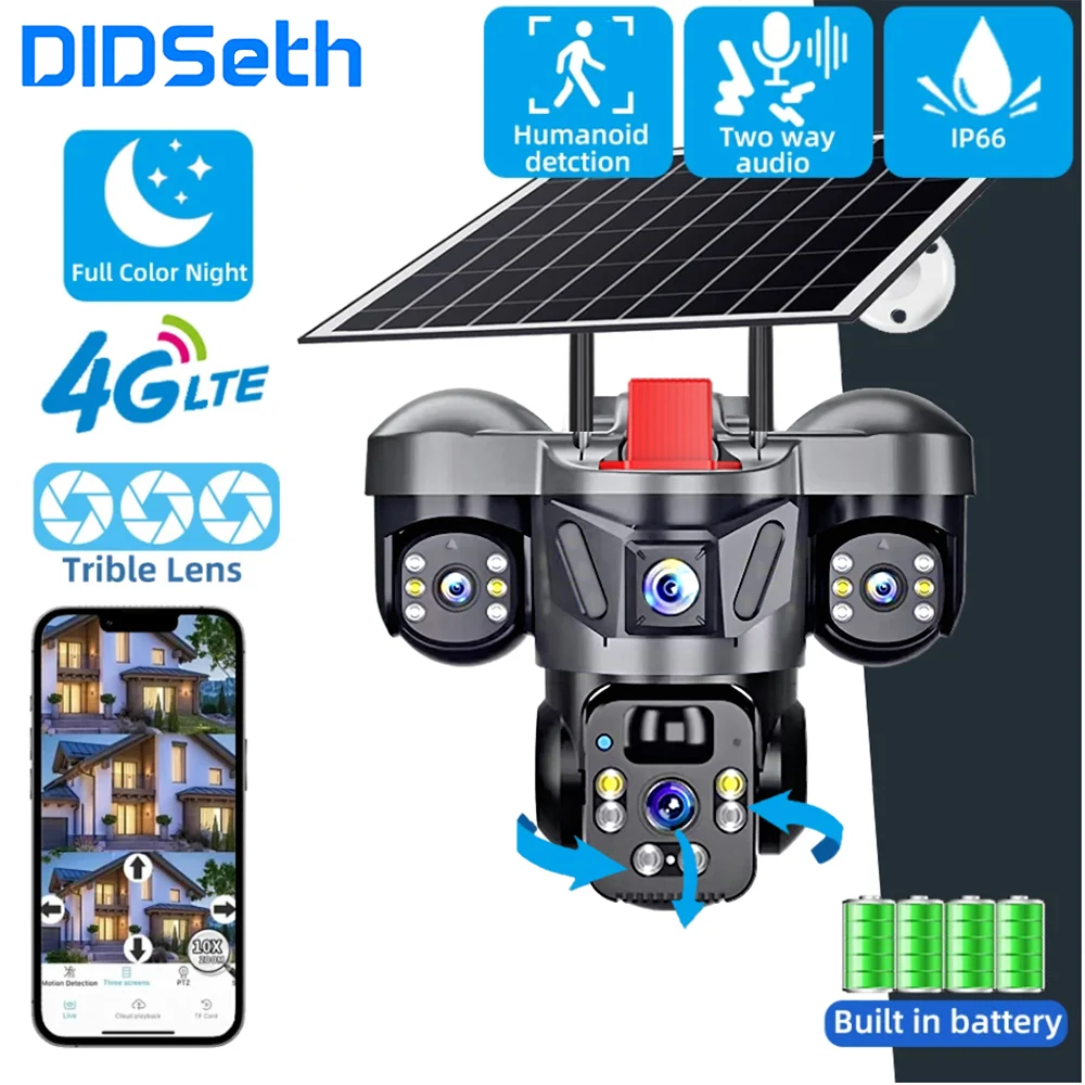 

DIDSeth 4G Солнечная камера 12MP с тройным объективом Наружное видеонаблюдение 8 Вт Солнечная панель Батарея PIR Обнаружение человека IP66 Ночное видение Безопасность V380