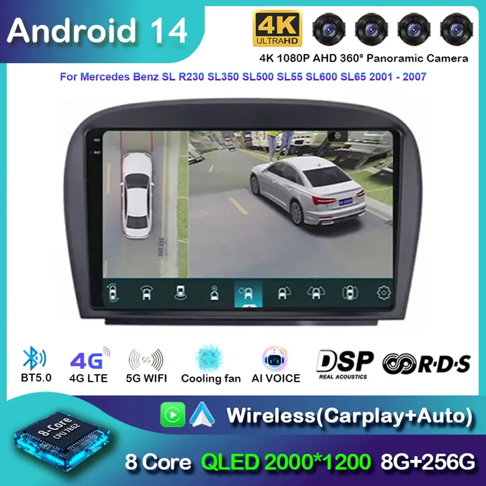 Android 14 Car Radio For Mercedes SL R230 SL350 SL500 SL55 SL600 SL65 2001 -2007 Navigation GPS Multimedia Player Stereo wifi+4G 