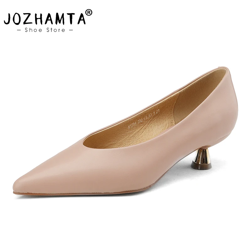 JOZHAMTA Classic Women Pumps Genuine Leather Kitten Mid Heels Shoes Spring Pointy Toe Slip On Office Lady Dress Daily Size 34-39