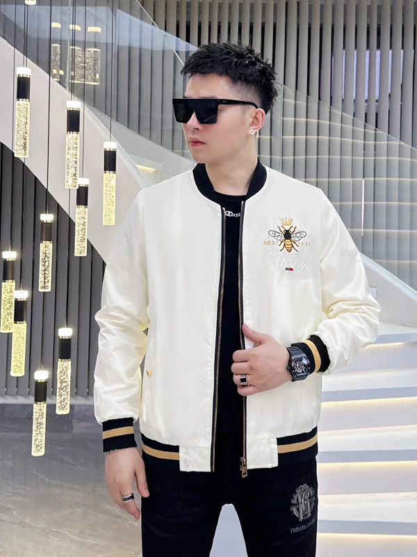 

Модная ретро-куртка для мужчин на весну-осень, приталенная, с вышивкой в виде пчелы, универсальная верхняя одежда для подростков на все сезоны