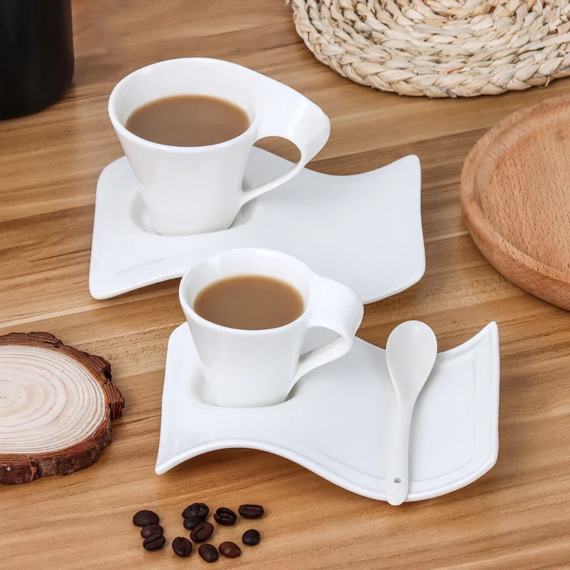 

European Wave Porcelain Coffee Cup & Saucer Set White Ceramic 90ml/130ml/200ml300ml Coffee Cup Breakfast Dessert Mug Home Decor