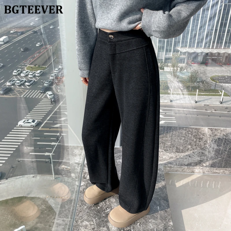 BGTEEVER Pantaloni dritti da donna caldi addensati casual Autunno Inverno Moda Vita alta Tasche femminili larghe Pantaloni da tuta a gamba larga