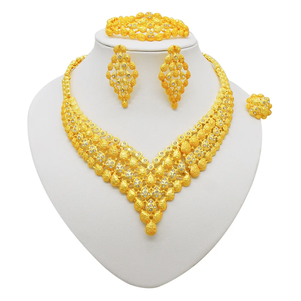 

Women's Gold Bead Set | Bamboo-joint beads, 3D necklace, beaded-drop earrings, braided bracelet, inlaid ring, oriental elegance