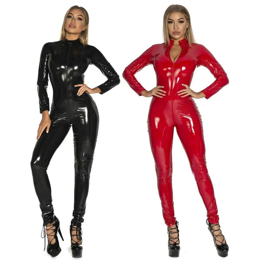 Sexy appearance PVC sportswear shiny PU leather long sleeved double zipper slit tight fitting cosplay jumpsuit