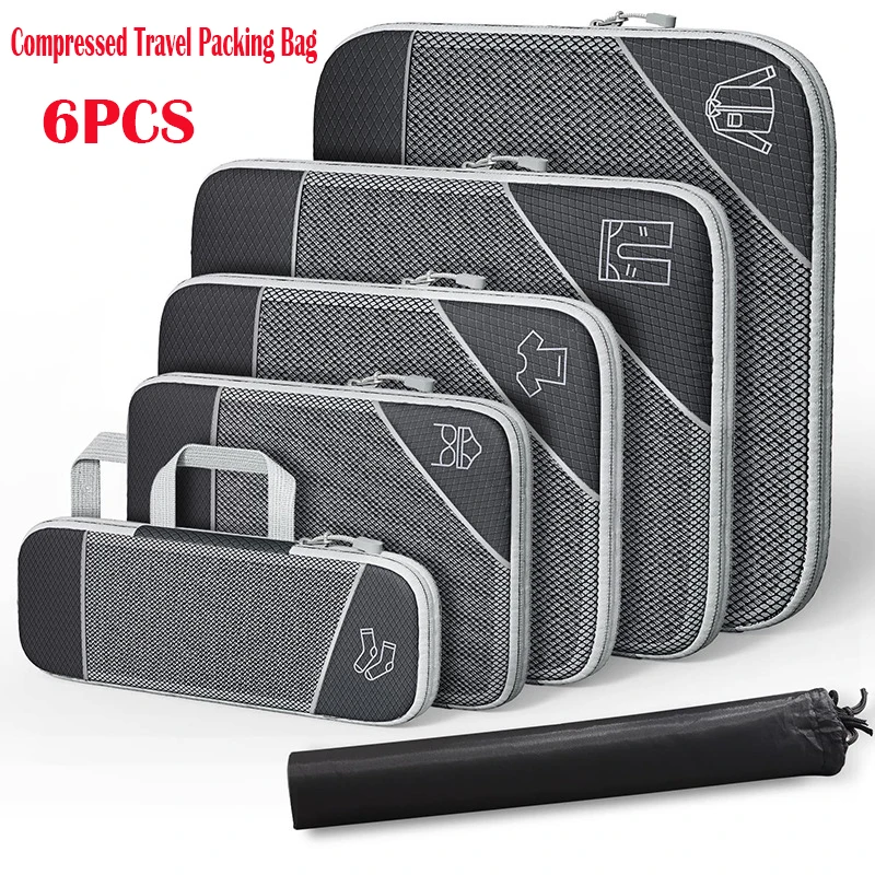 

6PCS Lightweight Compressed Travel Storage Organizer Set With Shoe Bag Mesh Visual Luggage Portable Packing Cubes Suitcase Bag