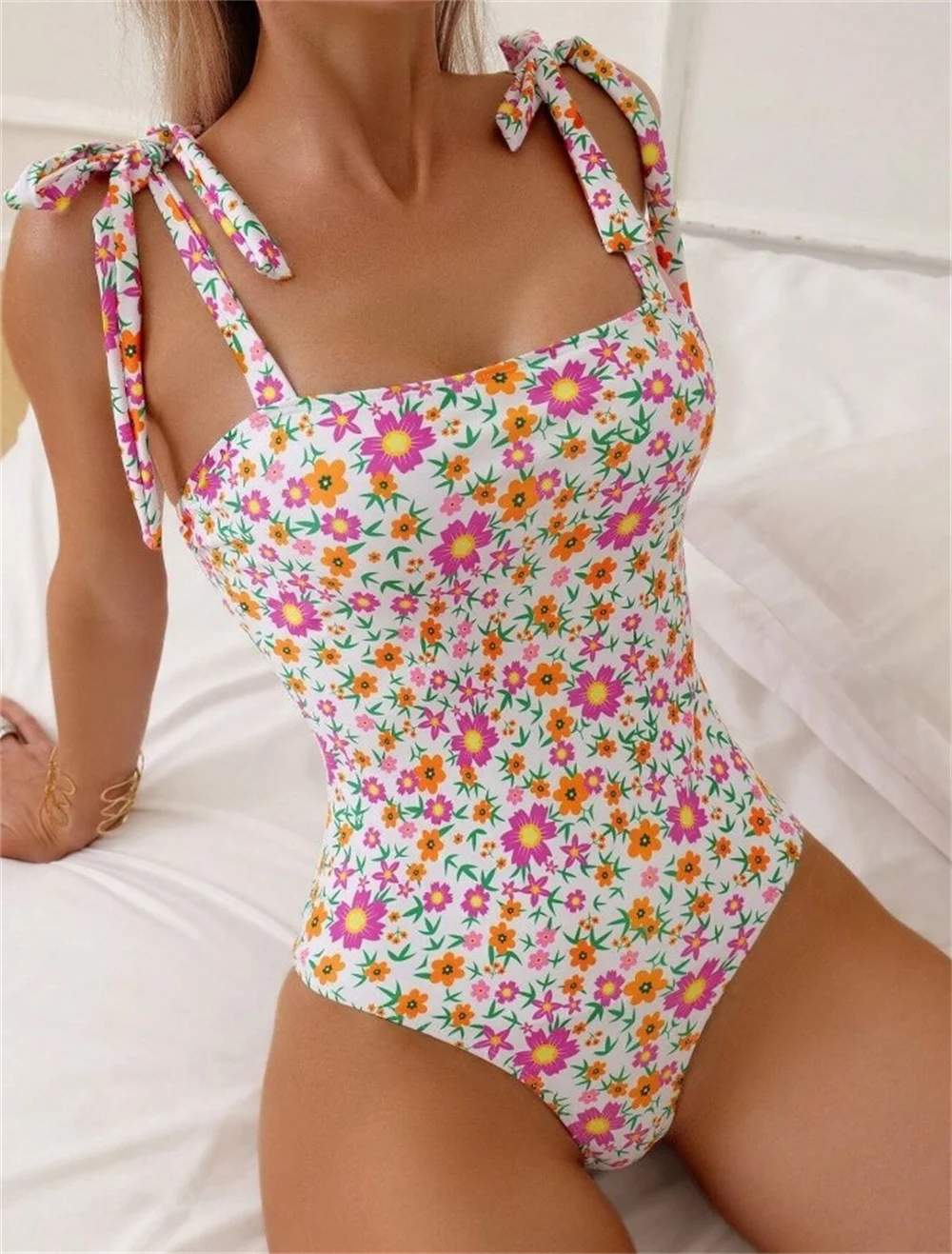 Lovely Floral Bikini Bowknot Bandage Straps Monokini Kawaii Swimsuit Women Vacation Swimwears One Pieces Beach Wear Bathing Suit