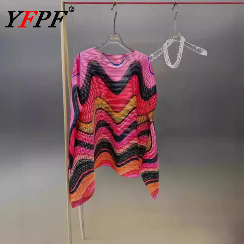 

YFPF Miyake плиссированные модные топы женские контрастные цвета в полоску с принтом свободная блузка уличная повседневная новая одежда