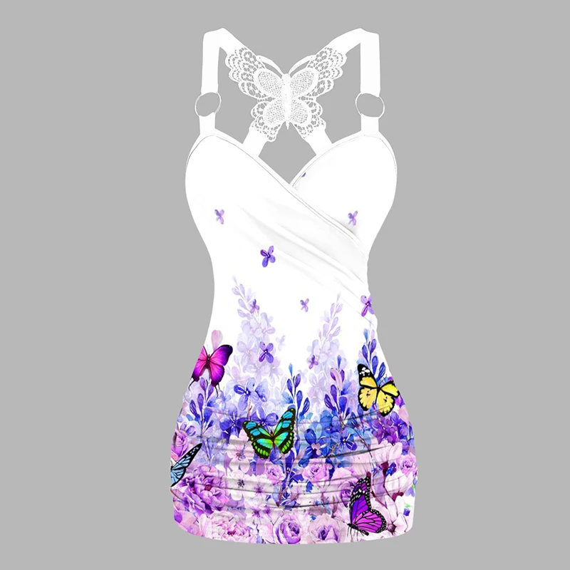 Colorful Butterfly Floral Print Tank Top Lace Butterfly Back Ruched Surplice O Ring Strap Tank Tops y2k Clothes 2024 New