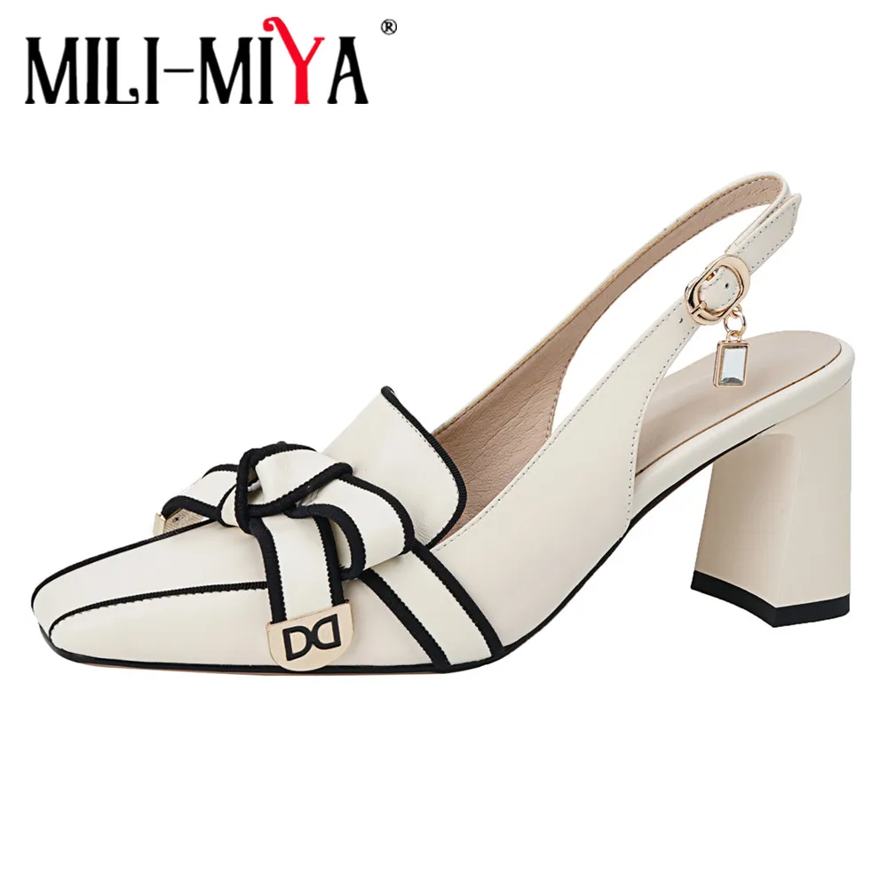 MILI-MIYA Fashion Super High Thick Heels Women Cow Leather Slingbacks Pumps Square Toe Slip On Office&Career Shoes For Ladies