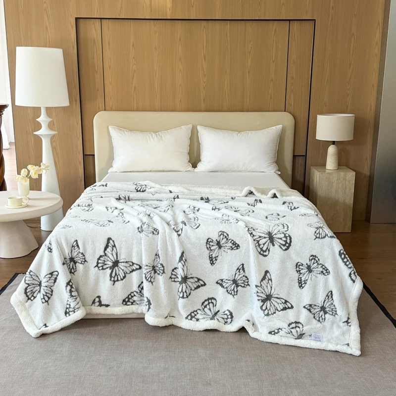 Double Layer Jacquard Butterfly Pattern Cozy Winter Warm Blanket Soft Taffeta Lamb Wool Thick Warm Throw Blanket