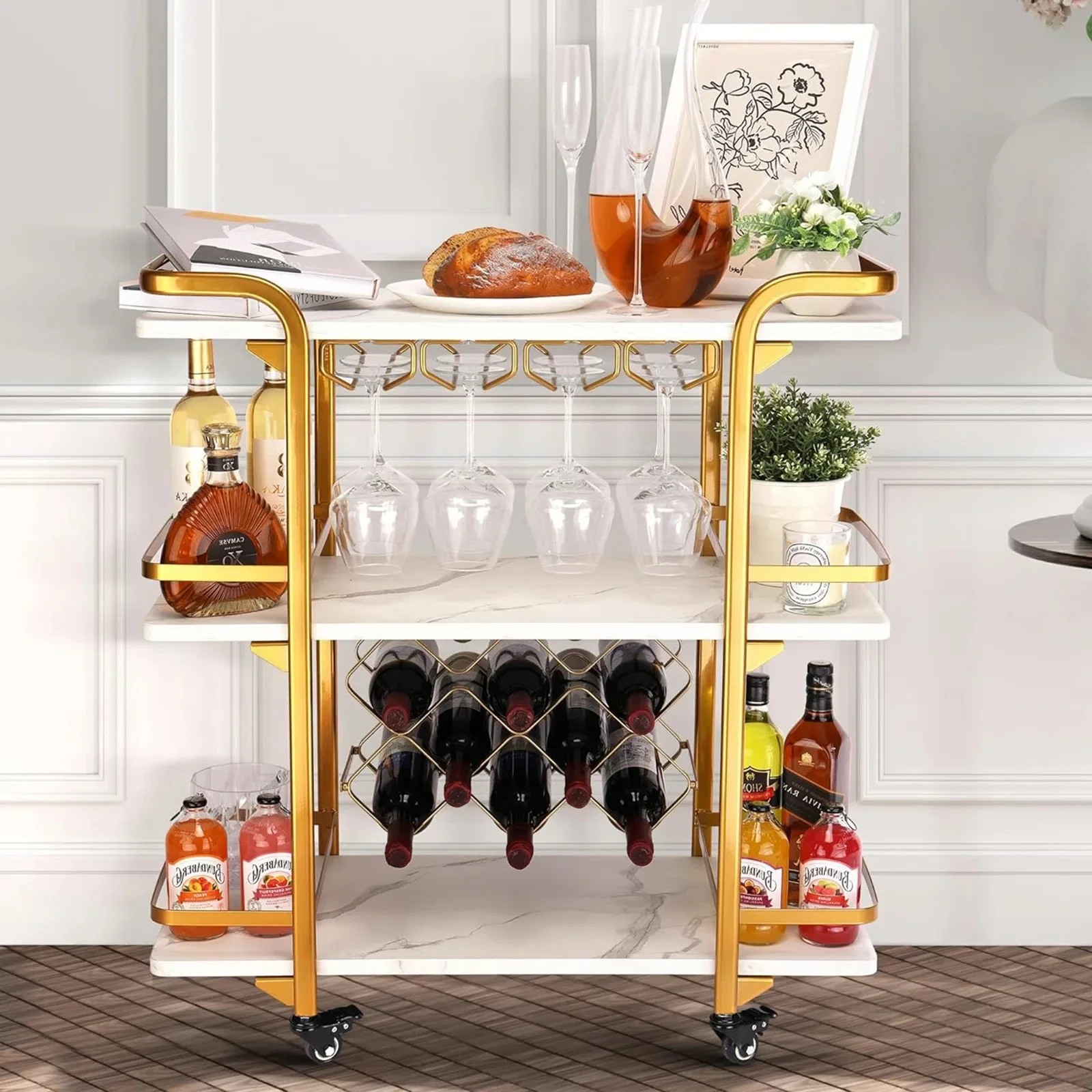 Customized MDF and Metal Golden Living Room Mini Beverage Car Restaurant Side Cabinet Beauty Trolley Bar Cart Trolley