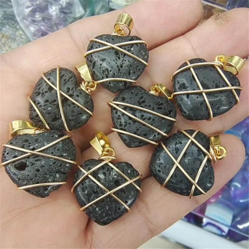 10PCS New Women's Pendants Black LavaHeart Shape 20MM For Necklace Making Drop Natural Rose Quartz STONE And Opal Glass Material