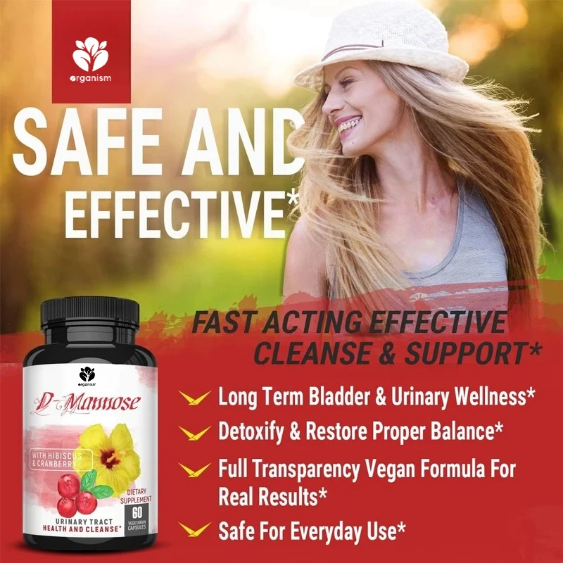 D-mannose 1000mg urinary tract health formula. Organic cranberry powder and hibiscus. Healthy bladder, naturally clean.