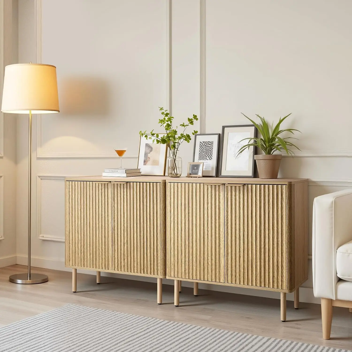Buffet Sideboard 2-Tier Storage Adjustable Shelves Coffee Bar Fluted Hallway Entryway Living Room Kitchen Oak 2pcs, Customized