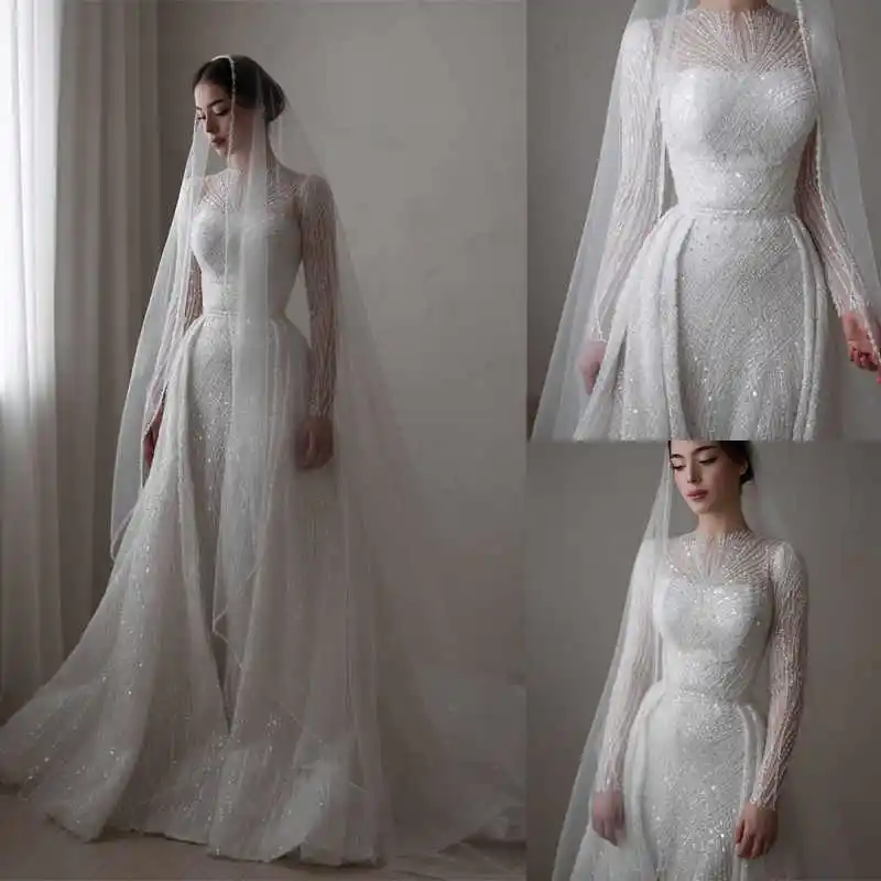 

Illusion Mermaid Wedding Dresses O-Neck Sequined Backless Long Sleeve Bridal Gowns Prom Dresses Vestido de novia Customized