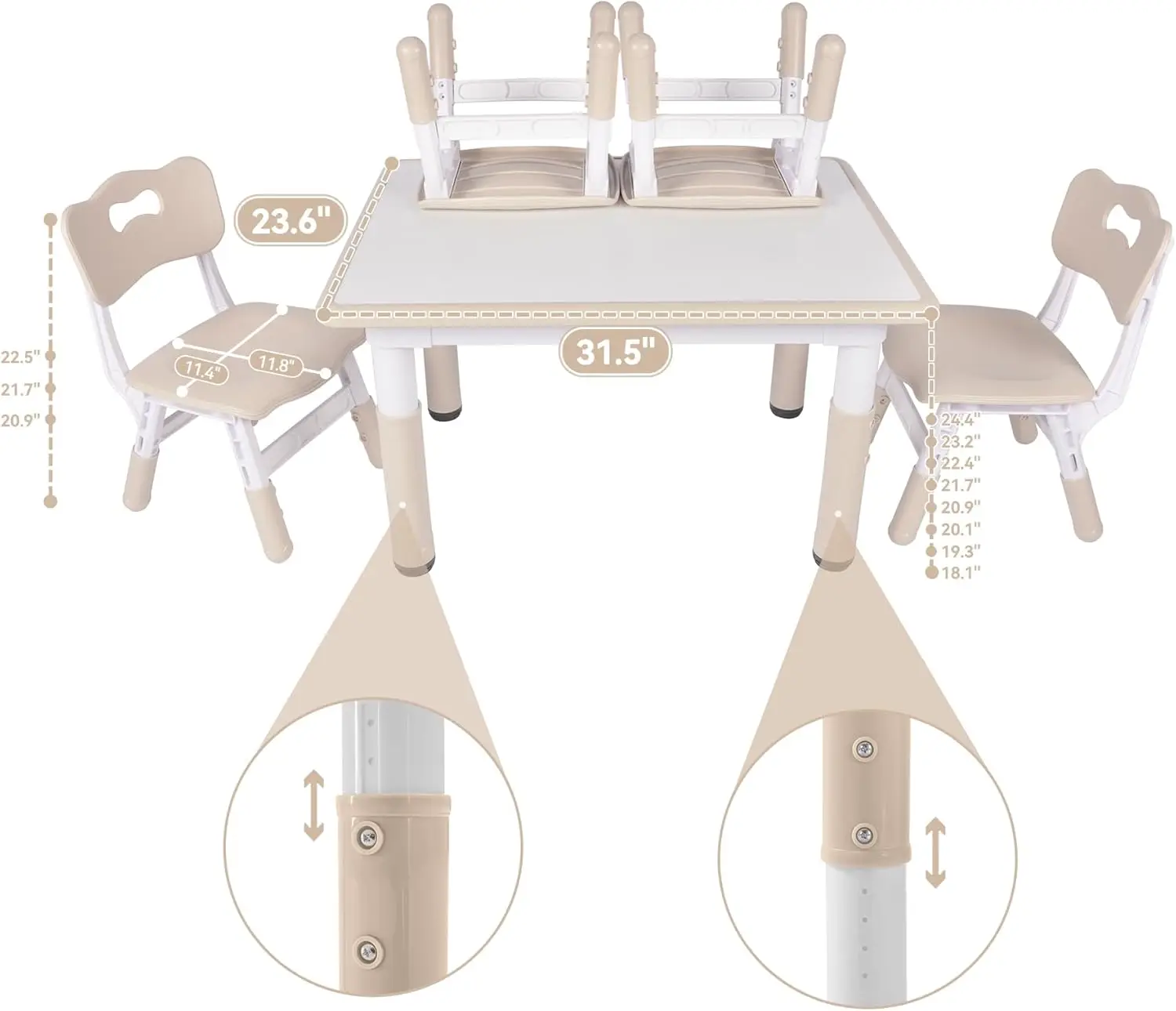 Height-Adjustable Kids Table and 4 Chairs Set, Toddler Table and Chair Set with Desktop, 31.5''L x 23.6''W Children Act