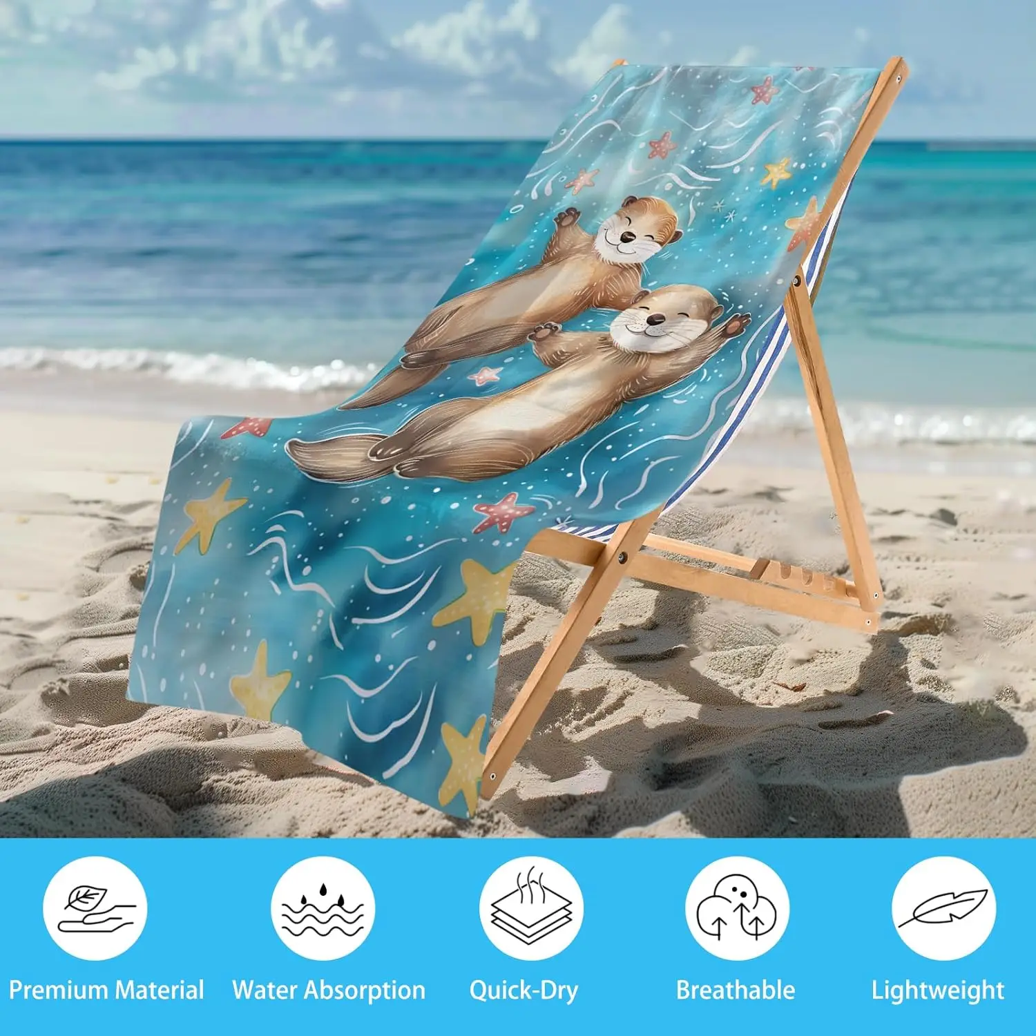 31.5x63 Inch Cute Otter Beach Towel Cartoon Sea Animal Starfish Print Soft Microfiber Bath Towel for Kids Girls Pool Party