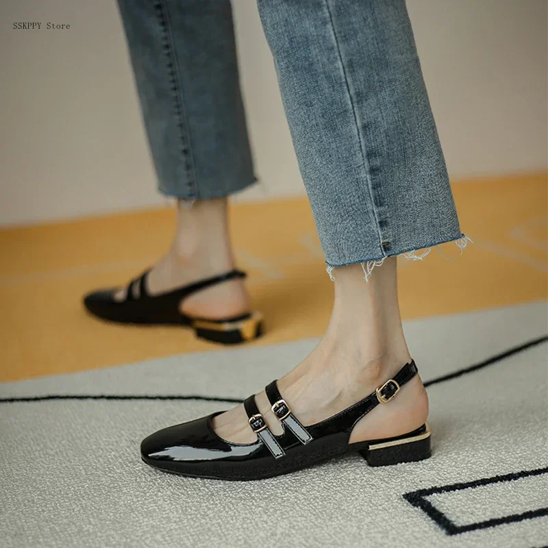 Summer Shoes Low Heel Sandals Square Toe Leather Mary Jane High Heels Ladies Double Buckle Comfortable and Elegant Sandals