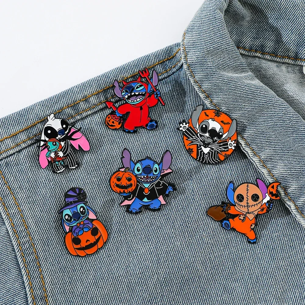 Disney Stitch pin Enamel lucu karakter Punk bros logam ransel lencana Halloween kartun lucu aksesori untuk hadiah anak-anak