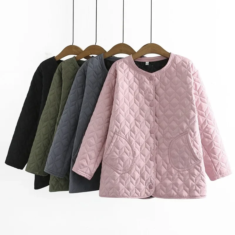 

Женская одежда, свободная одежда с круглым вырезом, новая верхняя одежда больших размеров, модная однотонная однобортная куртка с карманами, простое легкое стеганое пальто