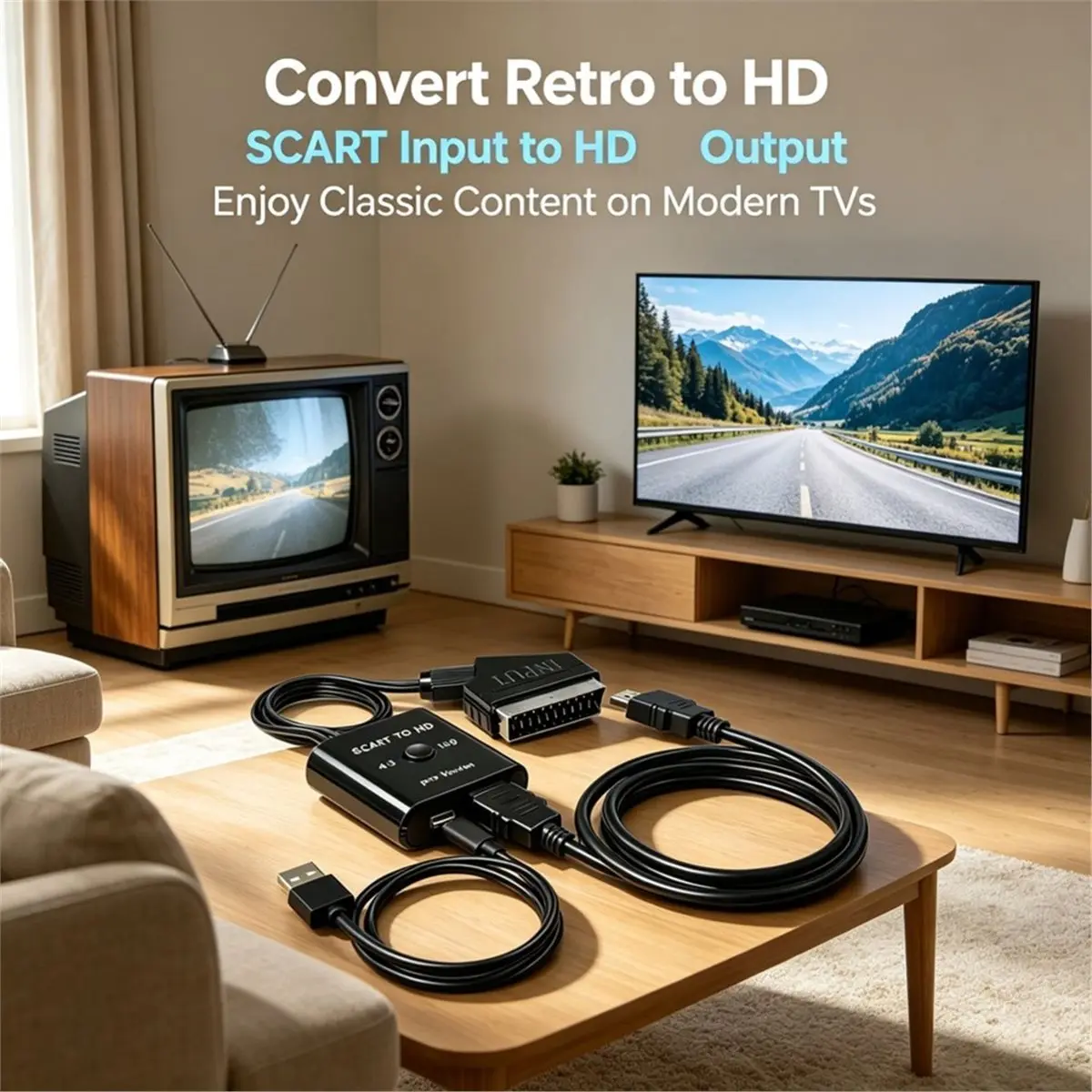 Suitable 1080P SCART to HDMI-Compatible Converter Video Audio Adapter for HD TV DVD HDTV with HDMI-Compatible and DC Cable