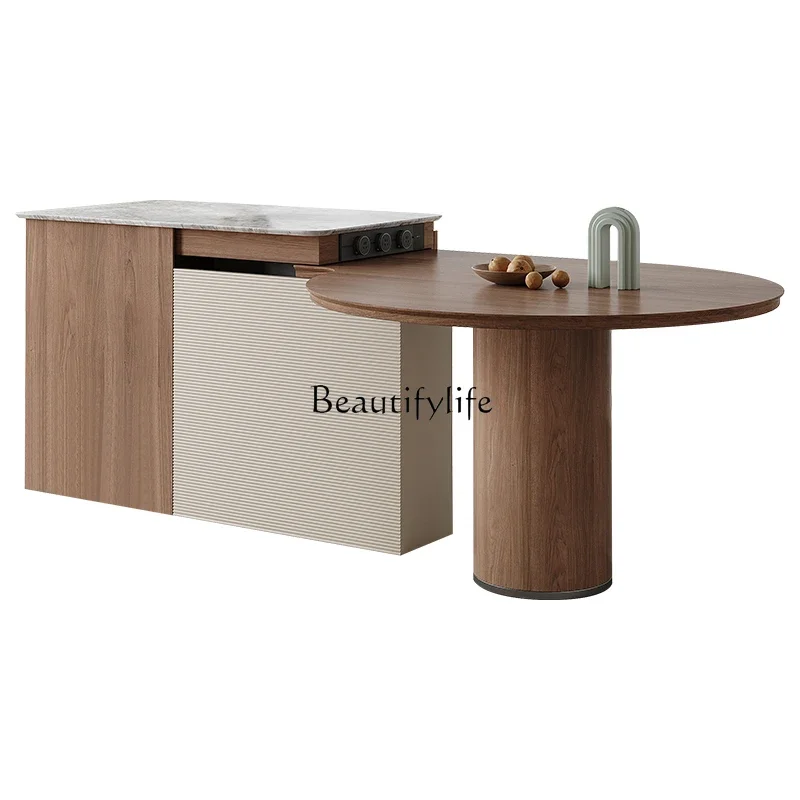 Island table integrated retractable marble black walnut wood grain light luxury