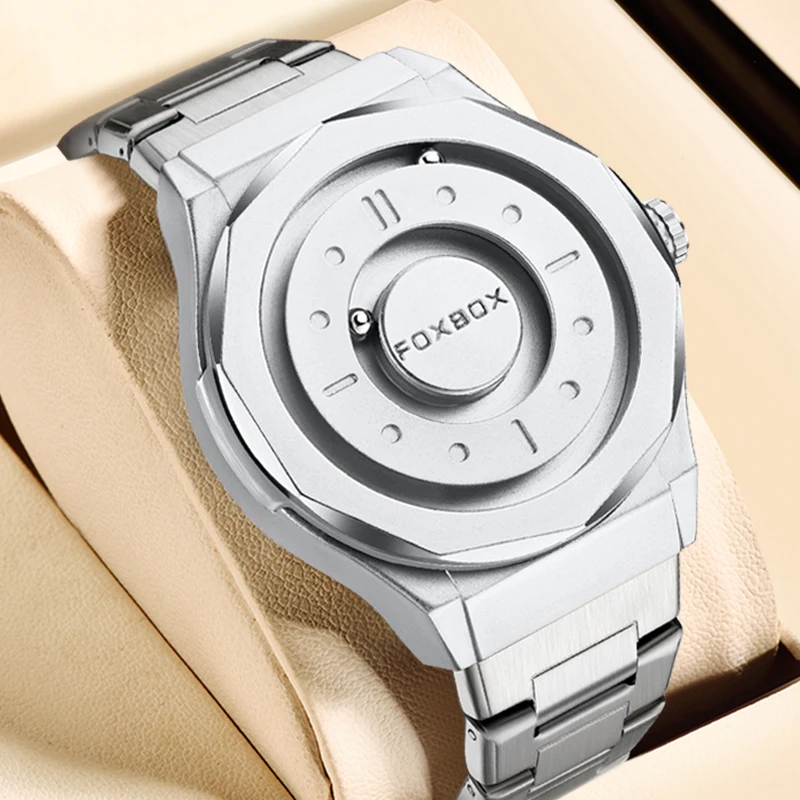 FOXBOX New Men's Watches Stainless steel Quartz Watch Creative Scrolling Pointer Magnetic Force Wrist Clock Relogio Masculino