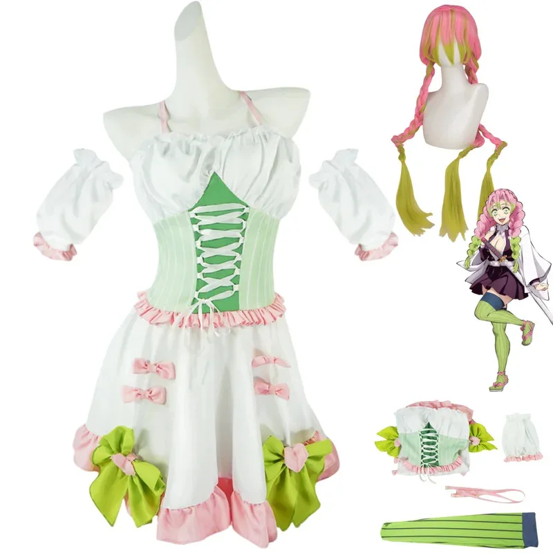 Disfraz de Anime Kanroji Mitsuri, Kokyuu Doujin, vestido de sirvienta con hombros descubiertos, calcetines, peluca, traje de fiesta de Carnaval Kawaii Sexy para mujer if;3