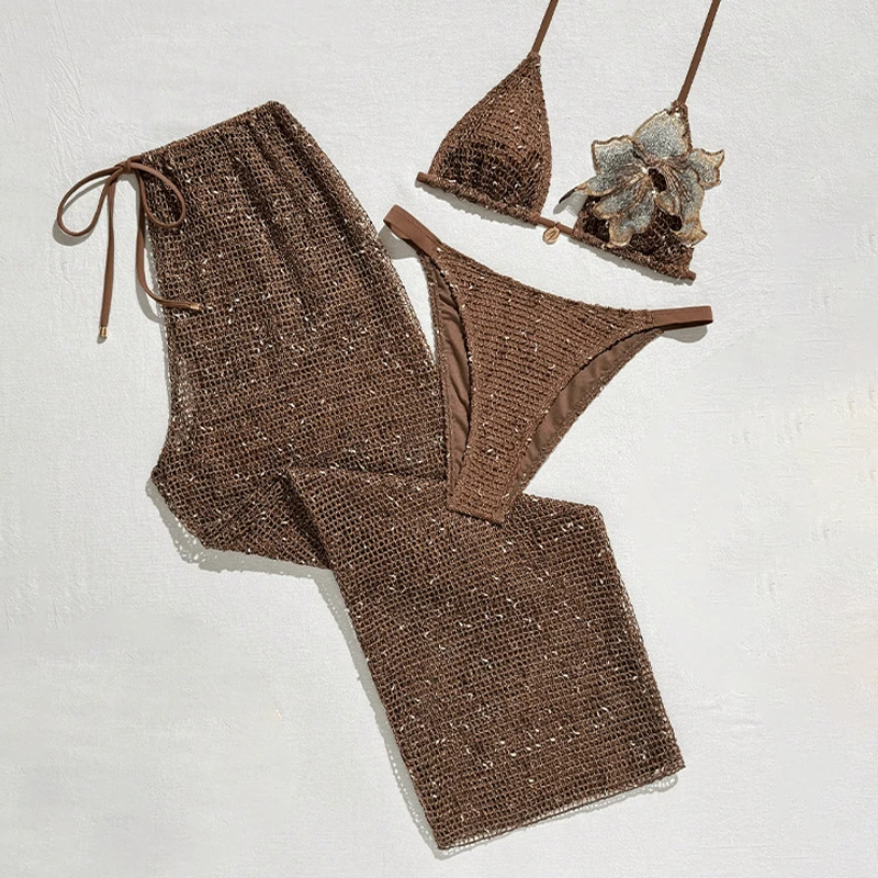 Women Sexy Bikini Set 3 Piece Beach Thong Bikinis With Pant Cover Up Female Bathing Suit Mesh Swimwear Tankinis Beach Suits Pool