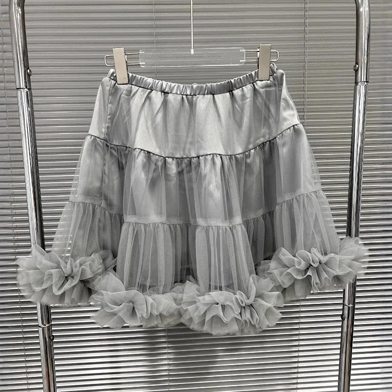 แฟชั่นผู้หญิงสีเทาตาข่าย Ball Gown กระโปรงผู้หญิง High Elastic เอวออกแบบกระโปรงมินิกระโปรงหญิง 2025
