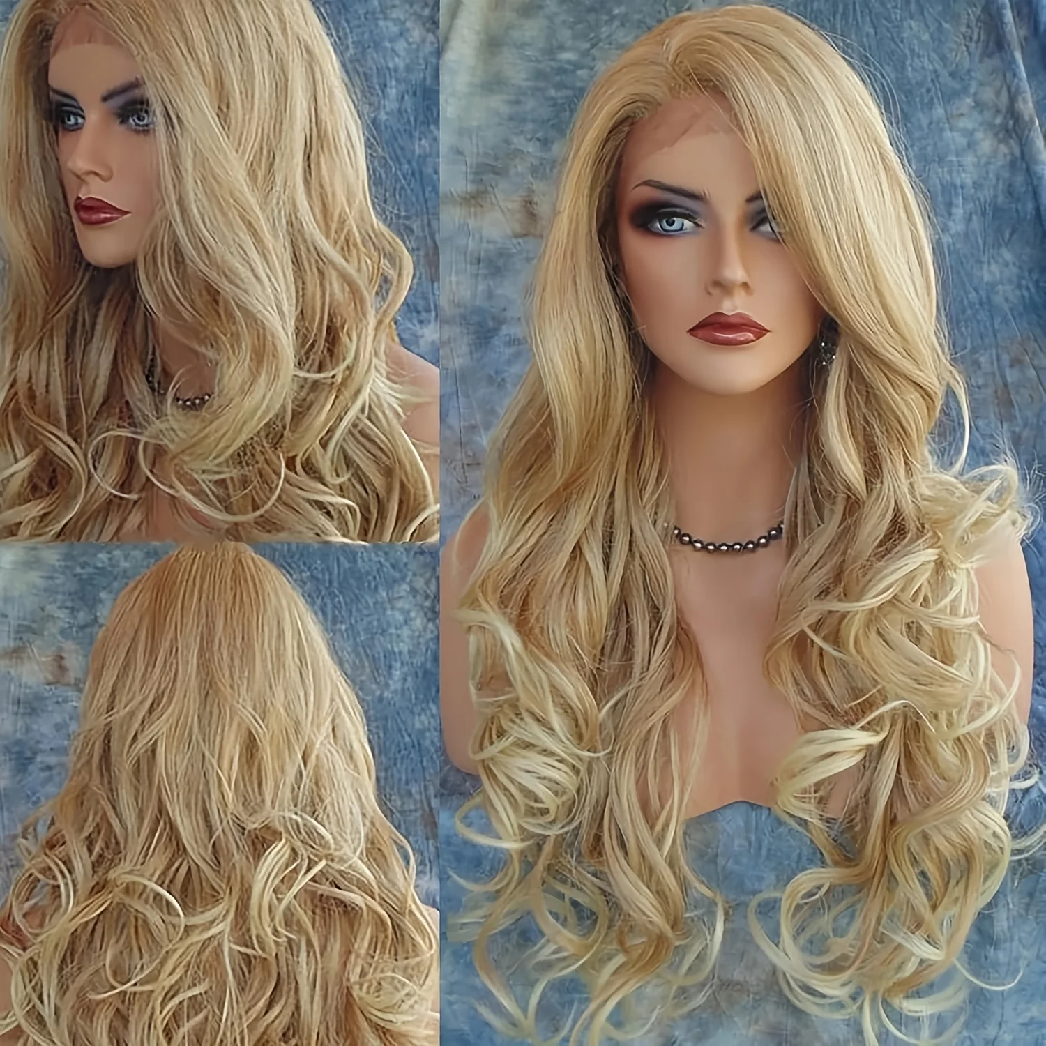 Women's hair blond wig, long curly wavy lace front wig, natural hair color