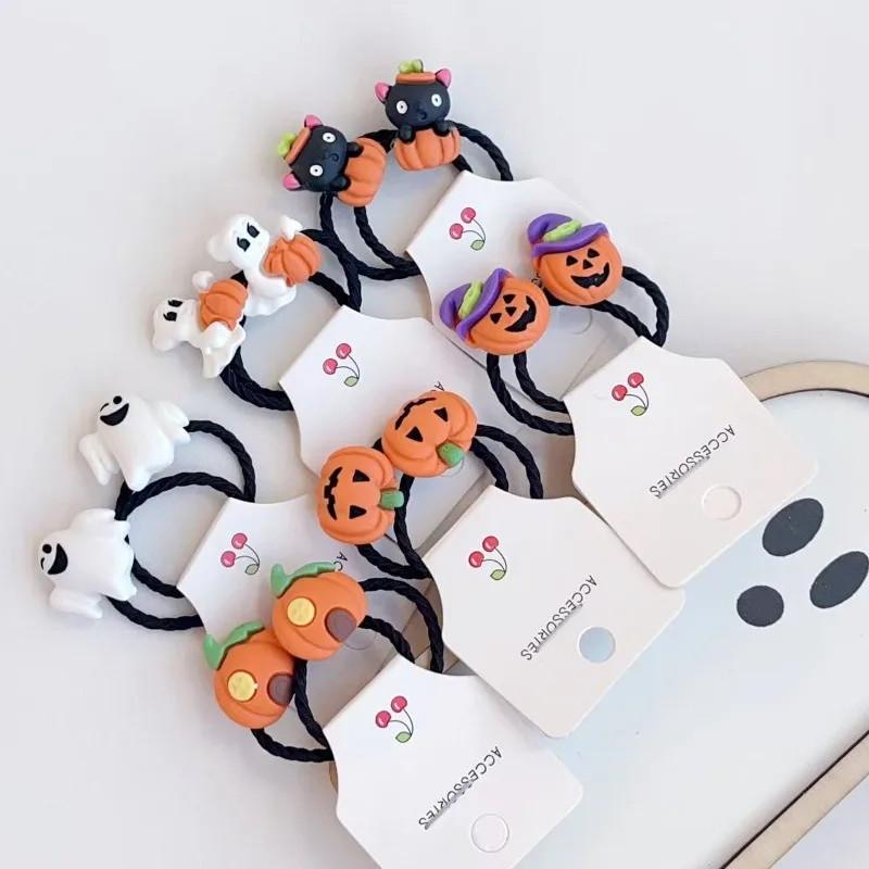 6pcs Cute Pumpkin Ghost Hair Scrunchies Set Halloween Girls Elastic Hair Bands Ghost Festival Cosplay Party Hair Ornament Prop